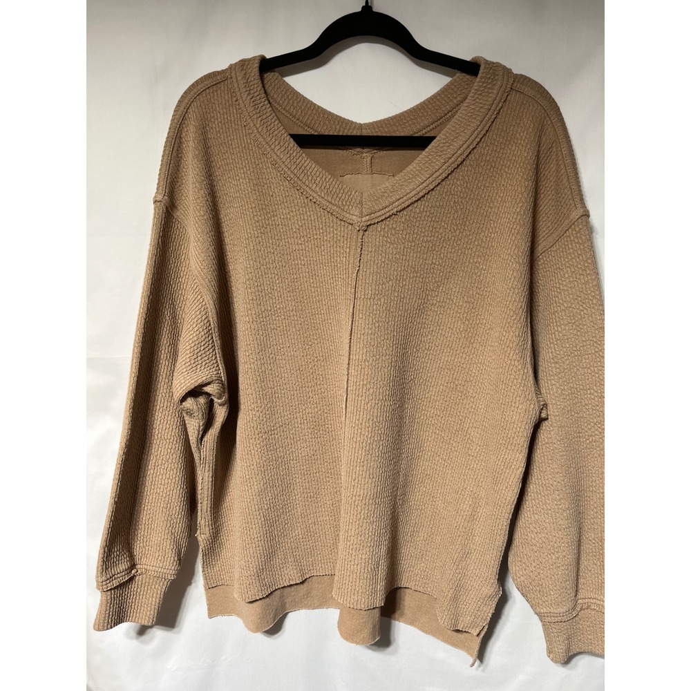 Aerie V Neck Waffle‎ Knit Oversized Pullover Top Long Sleeve Tan XS 24” PTP